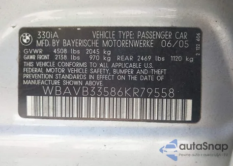 2006 BMW 330I z USA, uszkodzony, nr VIN WBAVB33586KR79558